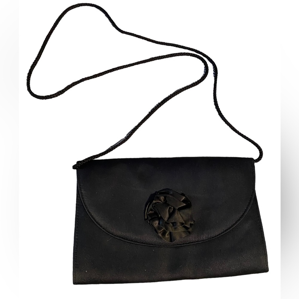 VINTAGE ALMONDO Black Clutch with Black Flower on Front